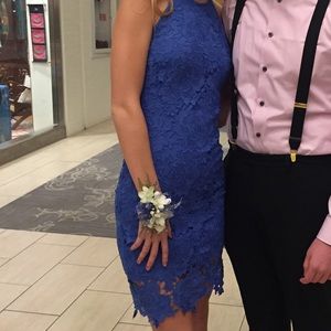 Blue floral midi length formal dress